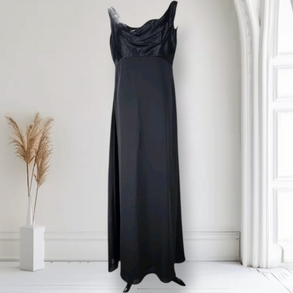 Vintage 90s Black Satin Cowl Neck Maxi Dress 10 Empire Waist Formal Y2K